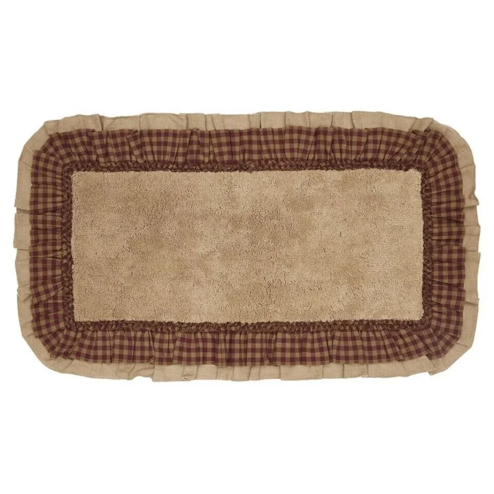 Country Primitive Burlap Natural Burgundy Check Ruffled Bathmat 27x48 Bath Decor